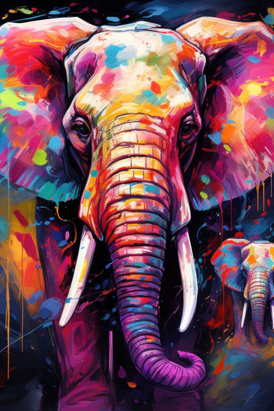 Impression artistique sur toile représentant un éléphant majestueux aux couleurs vives et abstraites, style expressionnisme contemporain vibrant.