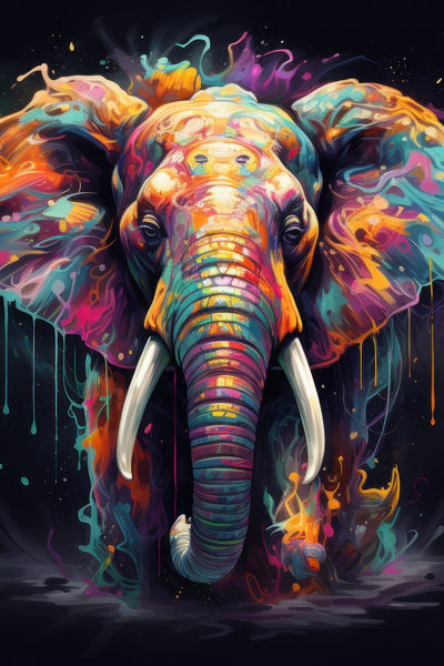 Impression artistique sur toile représentant un éléphant coloré en style art liquide, fusionnant abstraction et spiritualité animale.