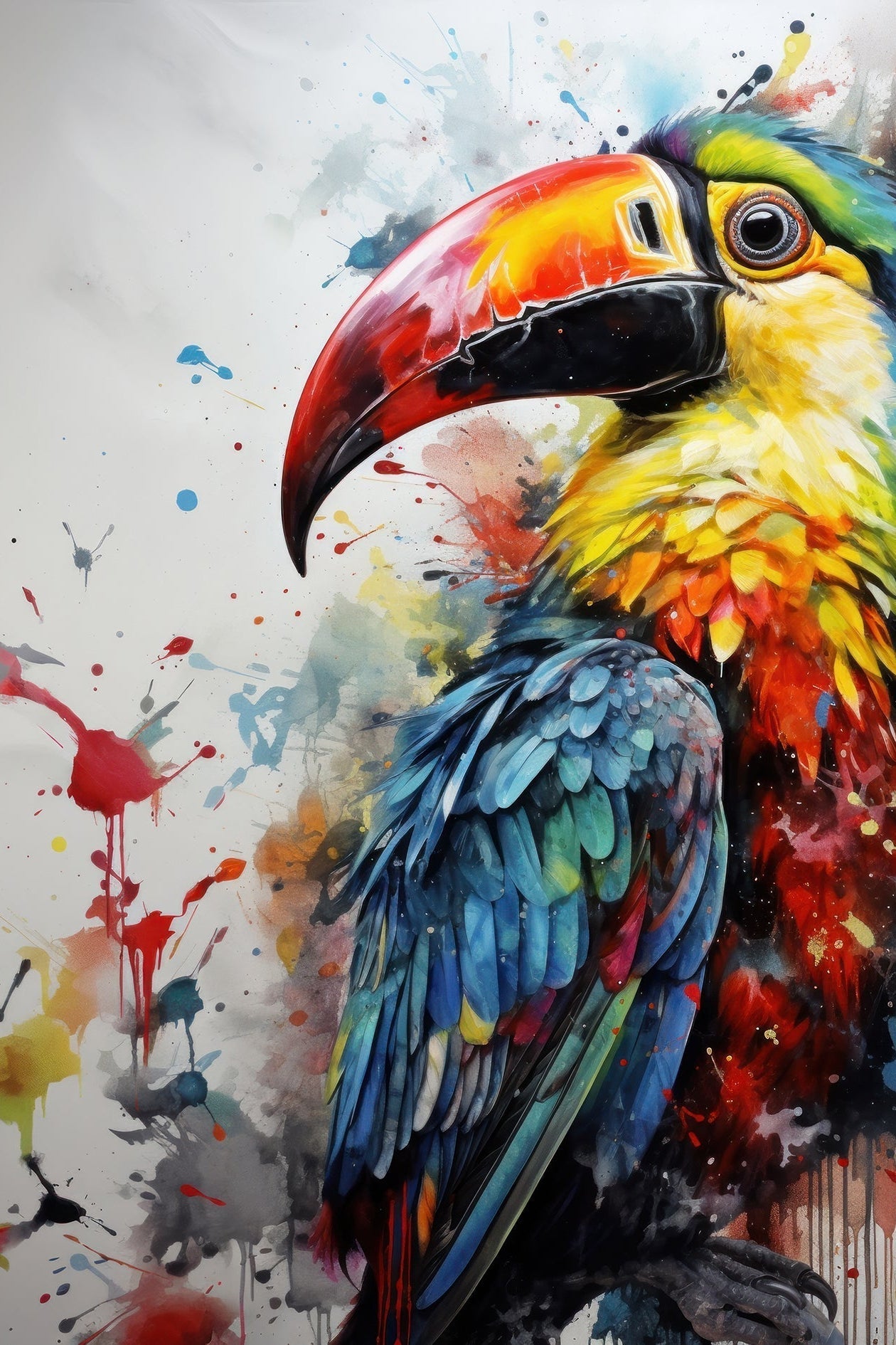 Impression artistique sur toile représentant un toucan aux plumes multicolores dans un style aquarelle expressive, idéale pour une déco vibrante.